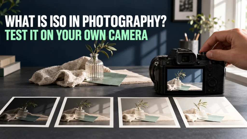 Camera photographing a window-lit still life beside four increasingly bright example prints.