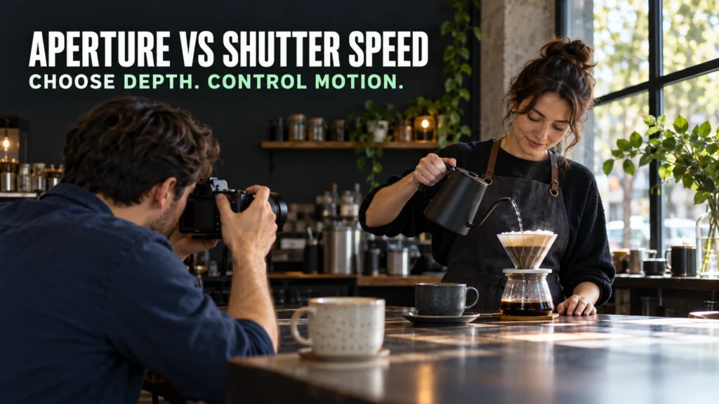 Photographer capturing a barista pouring water into a coffee dripper beside cups at different distances.
