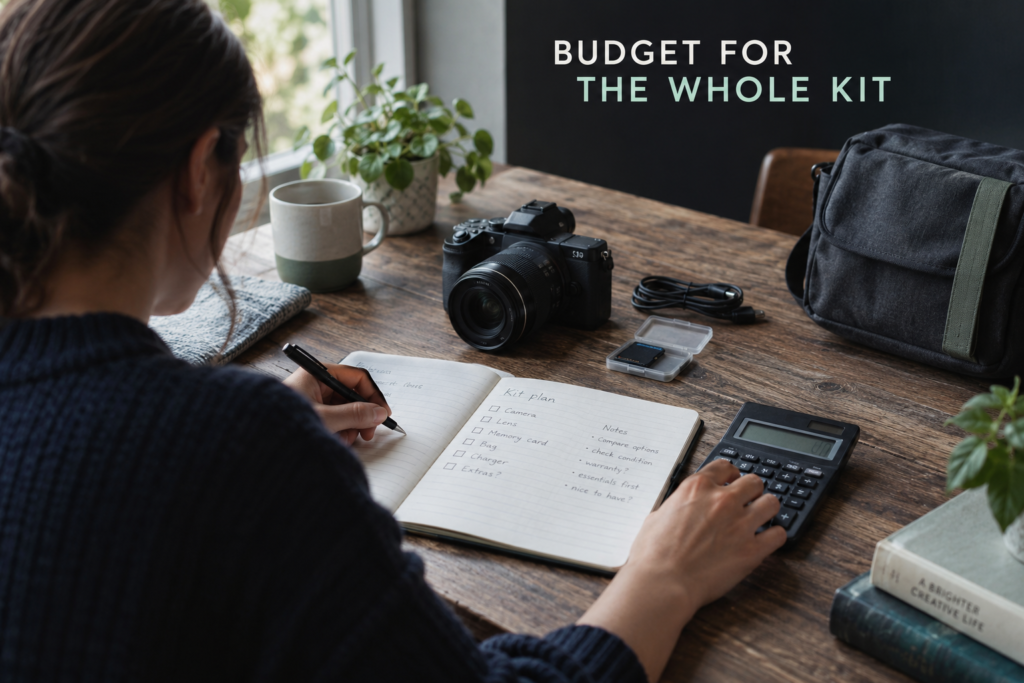 Beginner checking a camera, lens, memory card and carrying bag against a kit budget.