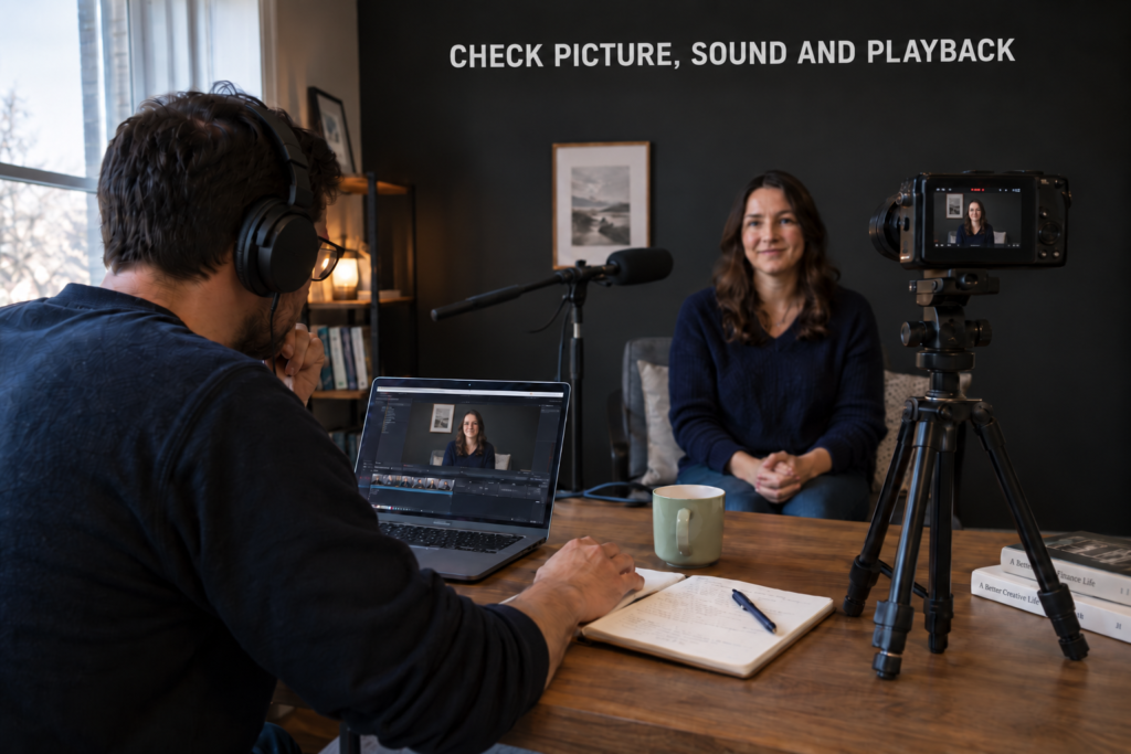 Beginner testing a talking-head video setup and listening to recorded playback.