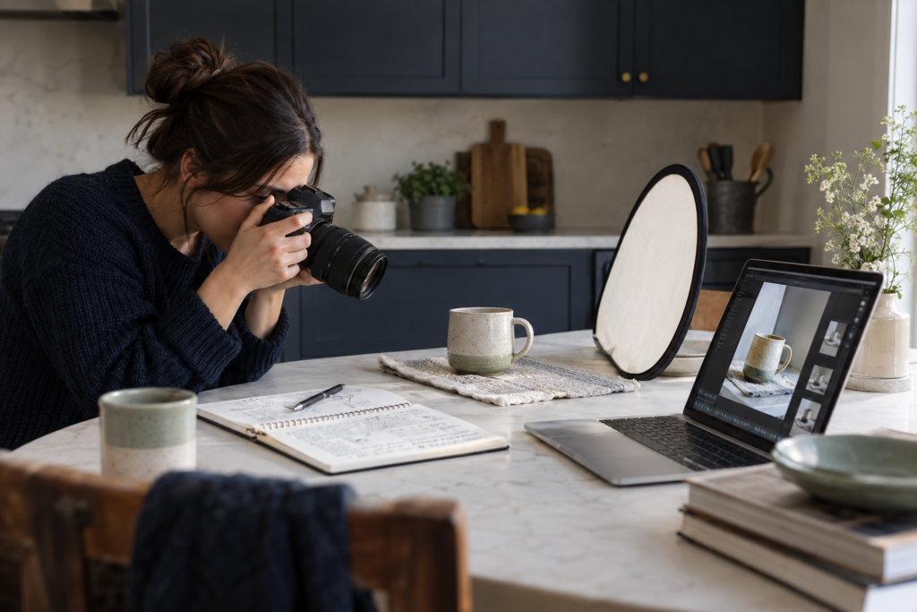 Beginner photographing a ceramic cup with a simple camera kit and window light.