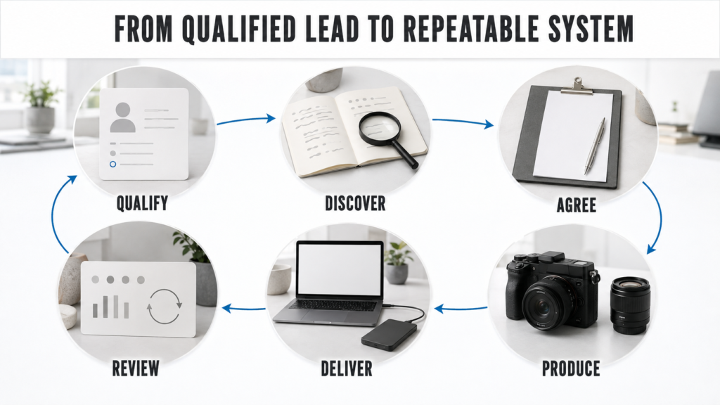 Circular photography-client workflow from qualification through delivery and review.