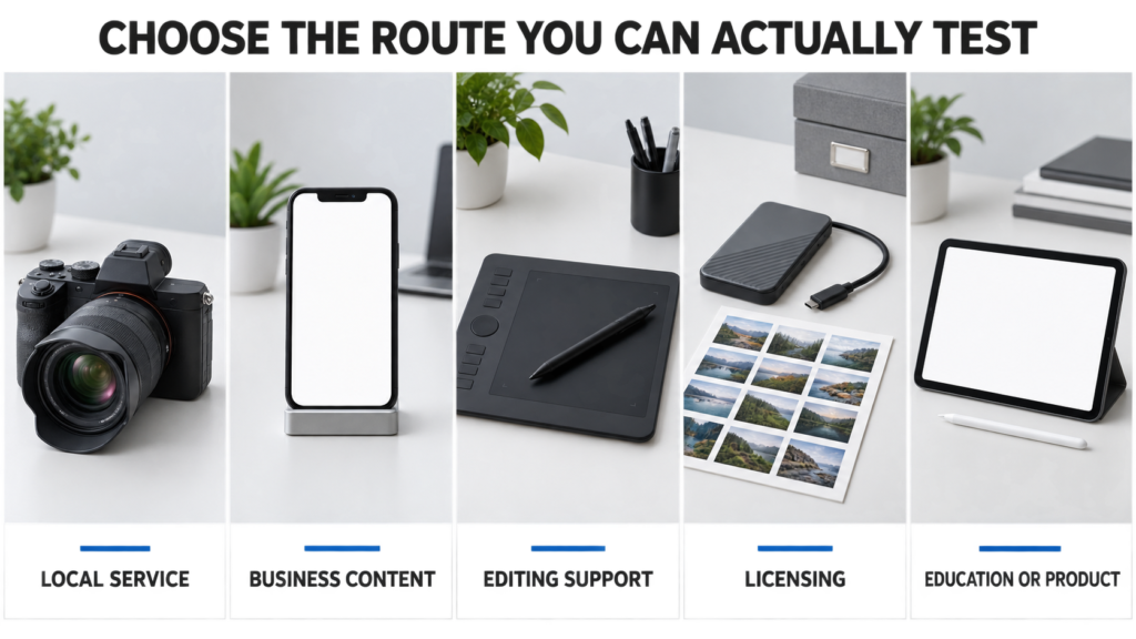 Five photography-income routes matched to different beginner advantages