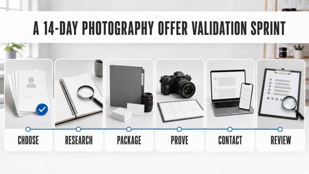 Fourteen-day sequence for choosing, researching, packaging, proving, contacting and reviewing a photography offer.
