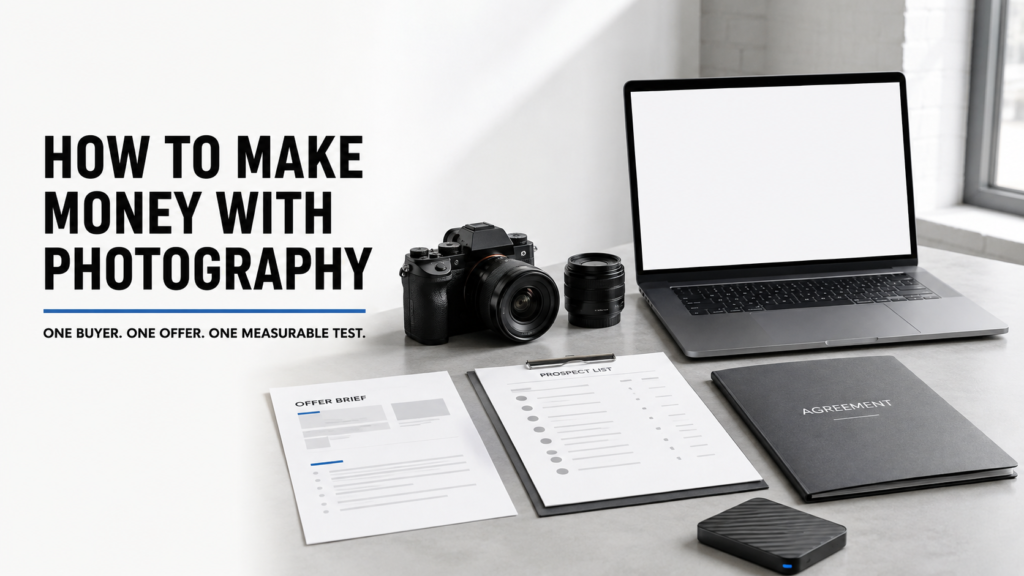Photographer planning a focused offer, prospect list and client-delivery workflow.