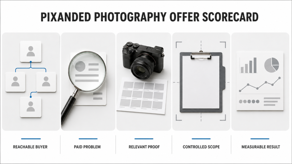 Five-factor scorecard for checking whether a photography offer is ready for a controlled test.