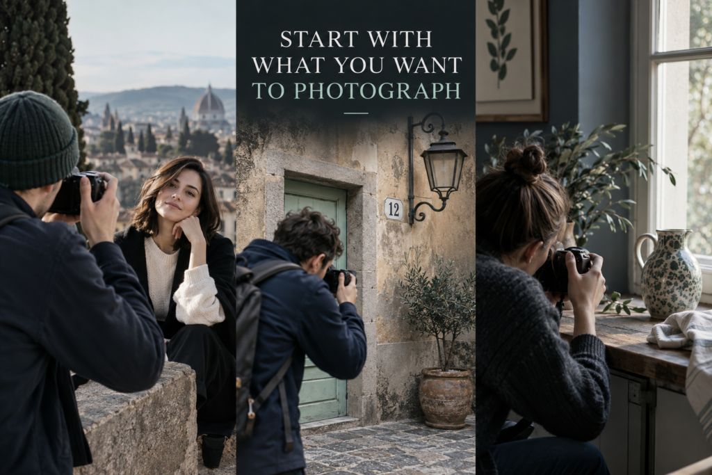 Three beginner photography situations showing an outdoor portrait, a street detail and a window-lit object.