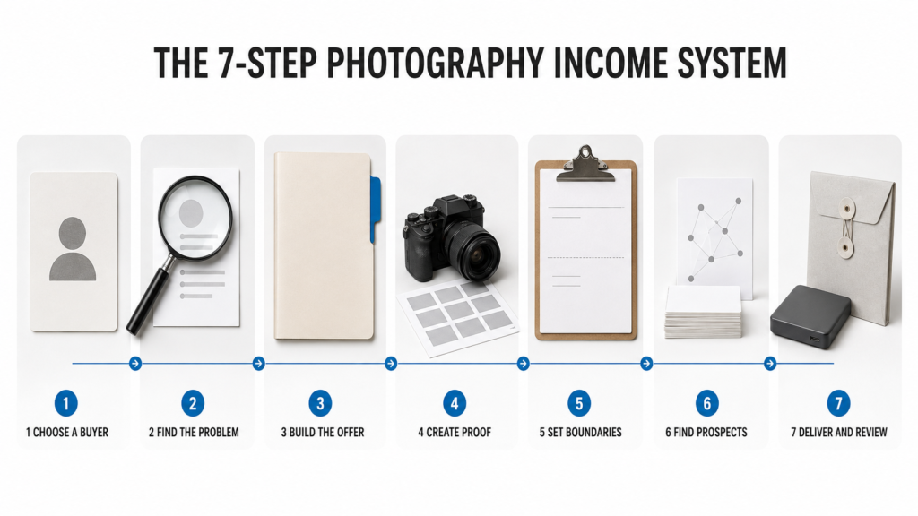 Seven-step workflow from choosing a photography buyer to delivering and reviewing the work.