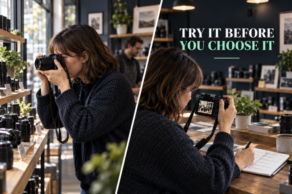 Beginner testing a camera viewfinder and reviewing a photograph during a handling trial.