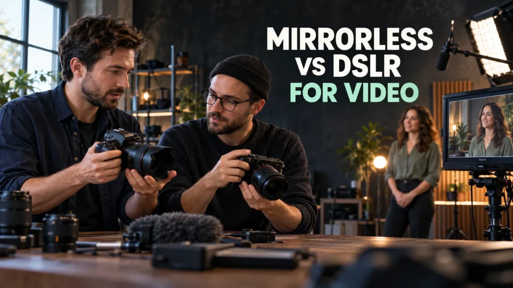 Videographers comparing DSLR and mirrorless camera rigs beside a completed interview video.