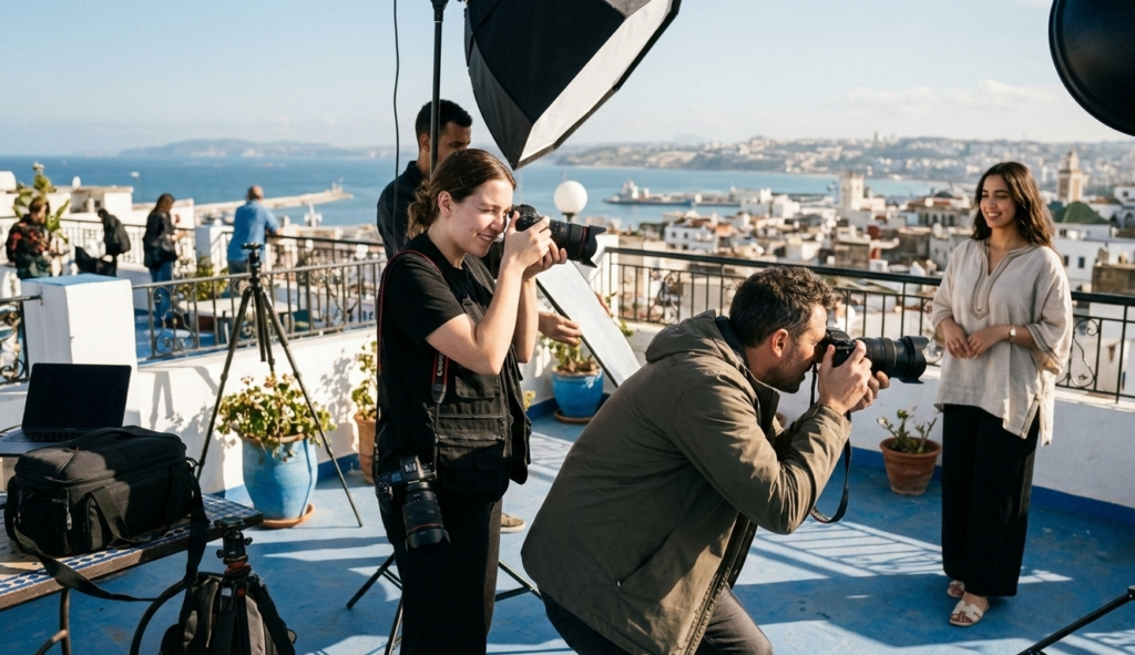 portrait photographer shooting outdoor portrait session at Tangier Morocco