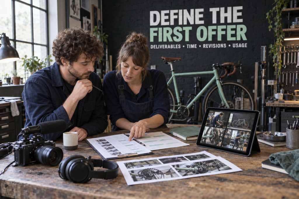 Videographer and shop owner reviewing the filming schedule and deliverables for a small video project.