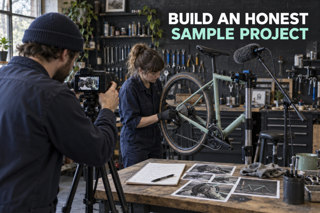 Videographer filming a mechanic inspecting a bicycle beside a prepared shot list.