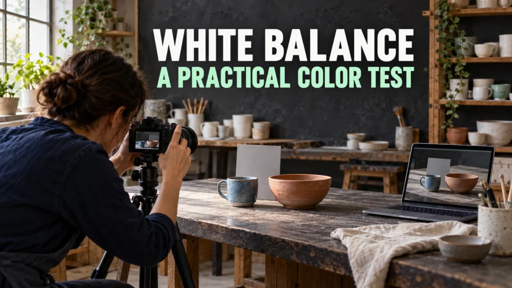 Photographer photographing ceramics and a neutral reference card under window light in a small ceramics workspace.