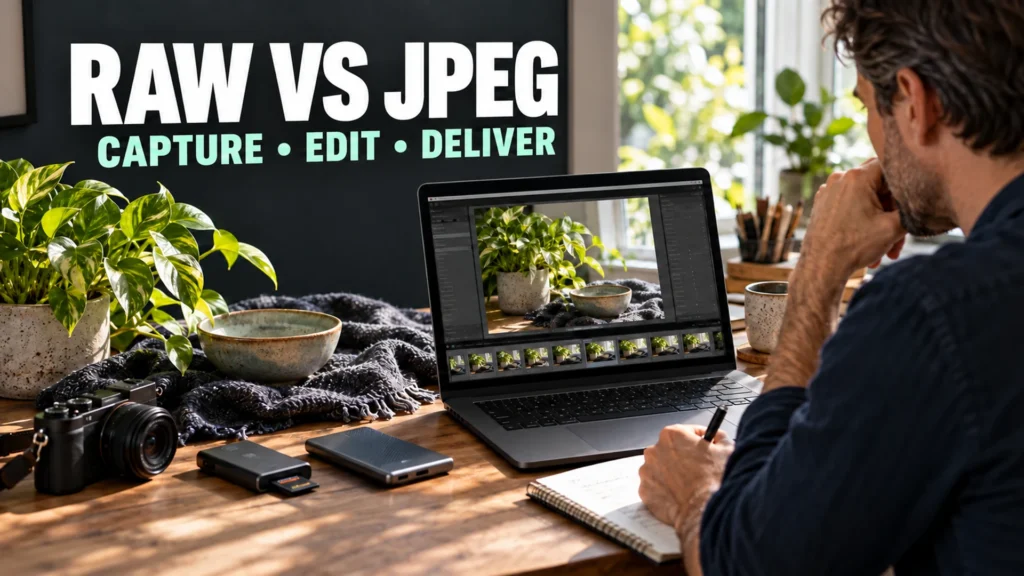 Photographer reviewing a finished plant-and-bowl photograph on a laptop beside the same still life and camera gear.