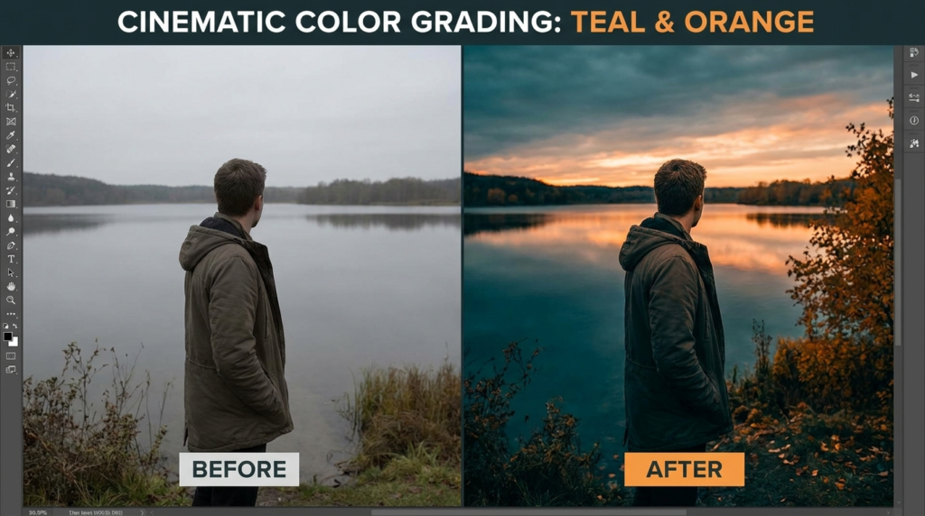 cinematic color grading photo editing example teal orange tones