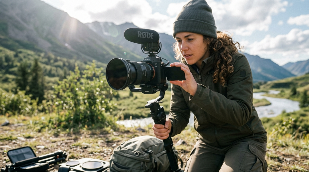 filmmaker shooting log footage using nd filter for cinematic video