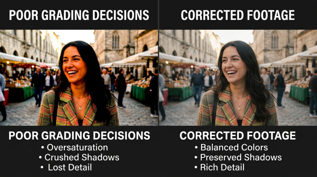 common color grading mistakes oversaturation crushed shadows comparison