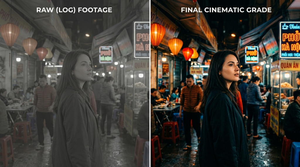 before and after cinematic color grading comparison professional video editing