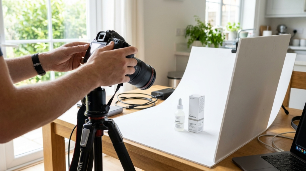 creator photographing skincare product near window light Ordinary serum