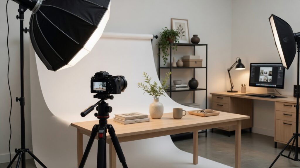 home product photography setup with camera lights and white backdrop