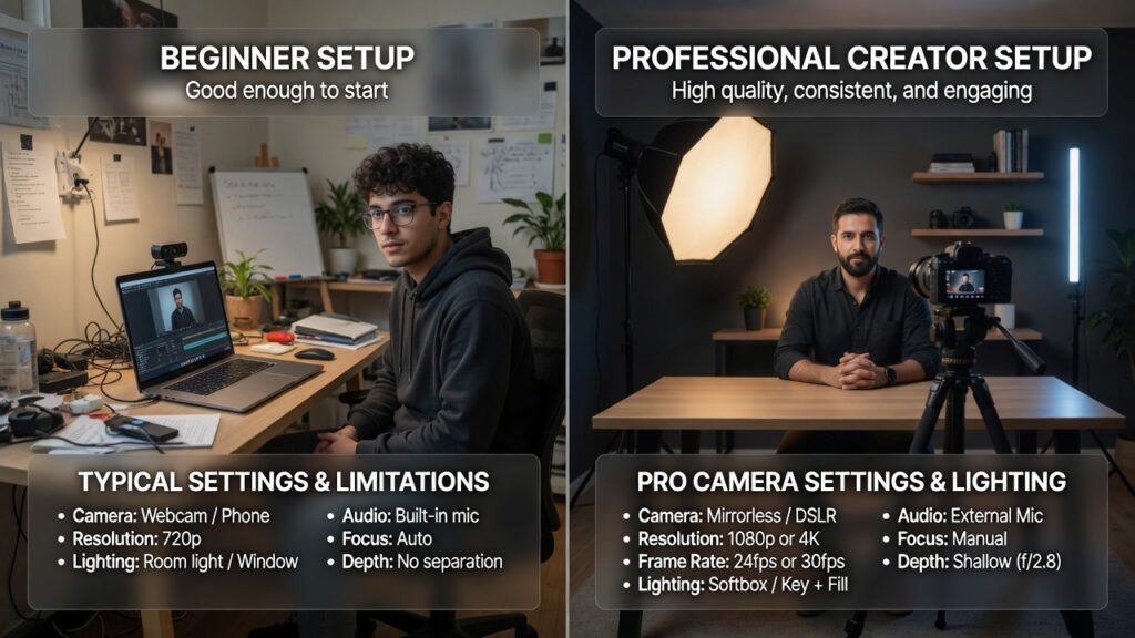 professional youtube video setup compared to beginner setup