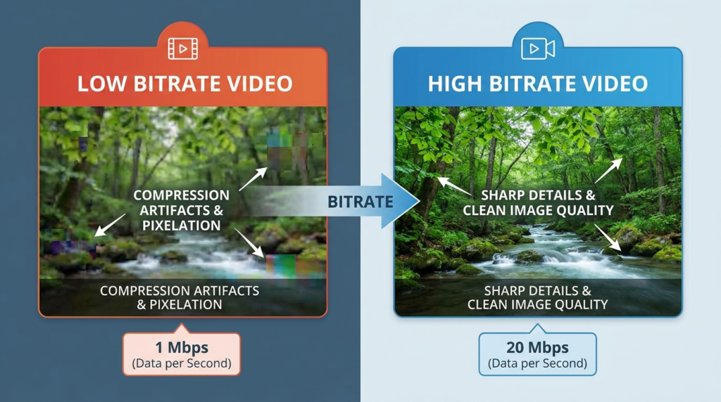 Bitrate in video comparison low bitrate versus high bitrate quality