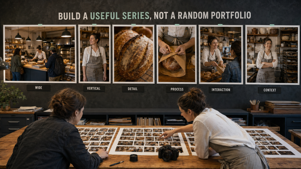 Photographer and bakery owner reviewing a coherent buyer-focused series of six finished photographs.