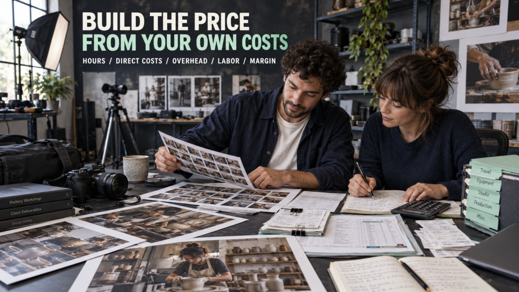 Photographer and bookkeeper reviewing job hours, direct costs, overhead, labor and operating margin.