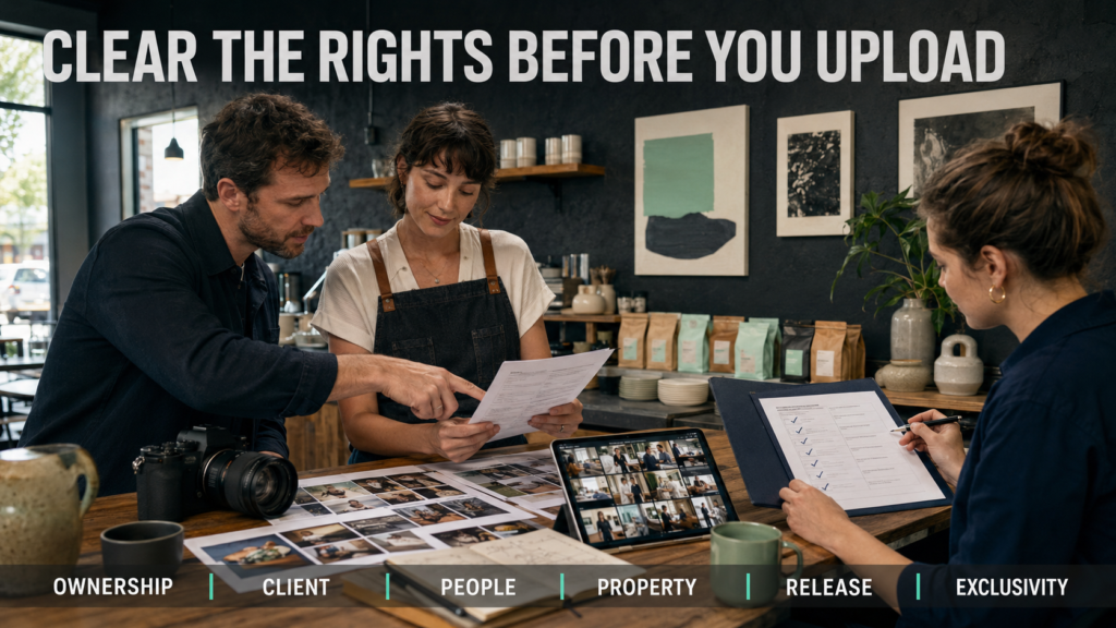 Photographer, model and producer reviewing image rights and release documents during a commercial shoot.