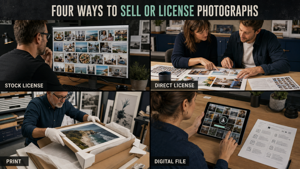 Four real photography sales routes showing stock licensing, direct client licensing, print fulfillment and digital delivery. How to sell photos online