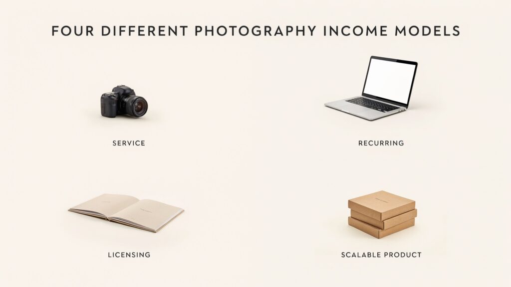 How to Make Passive Income as a Photographer. Comparison of service, recurring, licensing and scalable product income in photography.