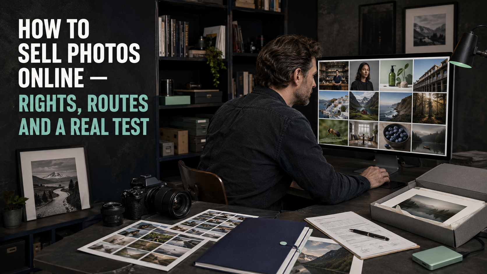 how to sell photos online Photographer reviewing a finished image collection with contact sheets, rights records, print packaging and delivery tools