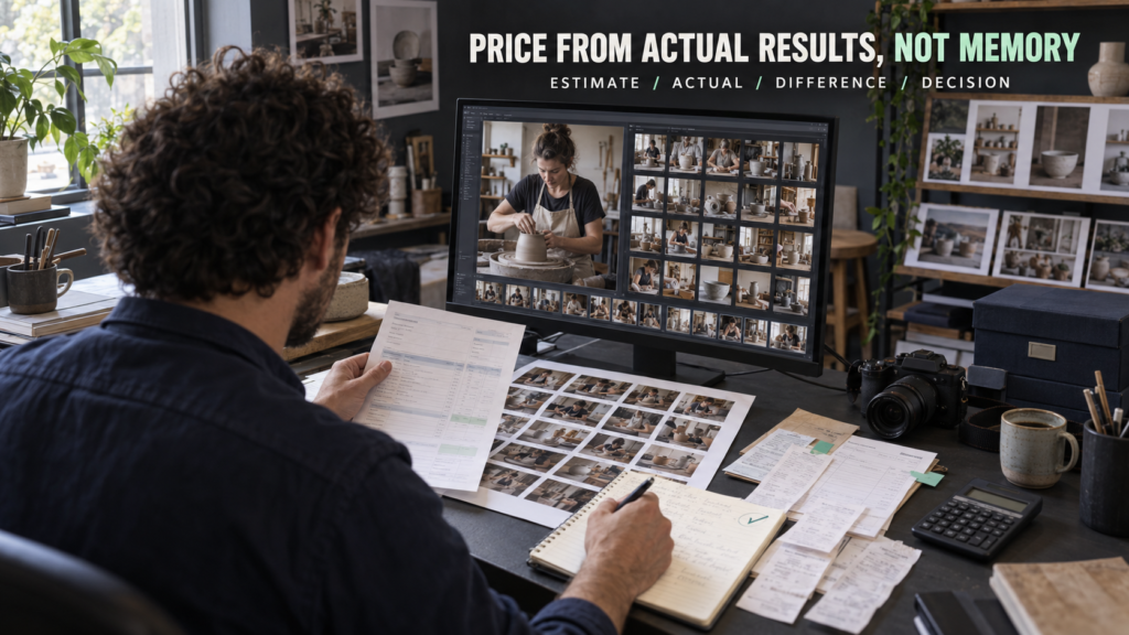 Photographer comparing an original estimate with actual hours, expenses and completed client photographs.
