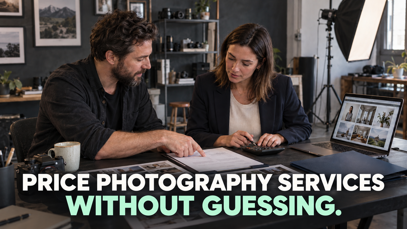 how to price photography services Photographer and small-business client reviewing a photography brief, finished images, usage terms and a cost-based quote.