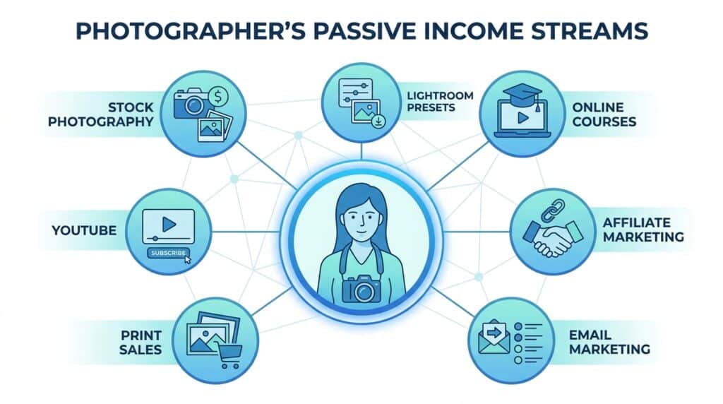 Passive income ecosystem for photographers showing multiple revenue streams