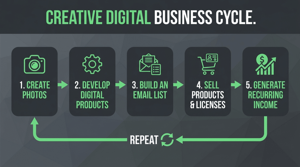 Passive income workflow for photographers from content creation to recurring revenue