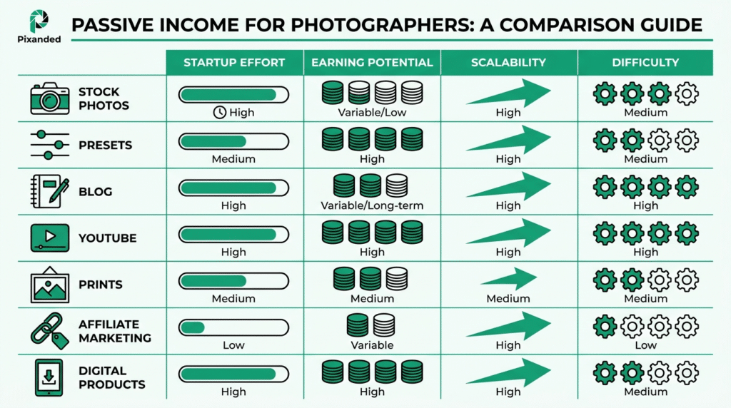 Photography passive income comparison chart by revenue potential