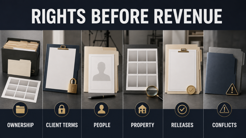 Photography rights checklist covering ownership, people, property, releases and license conflicts.