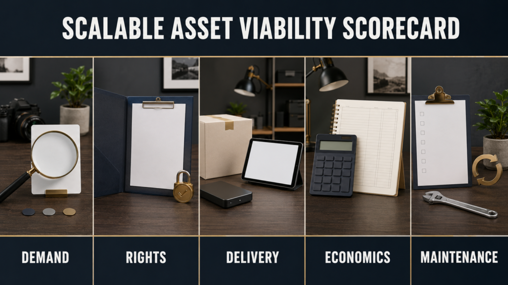Five-factor scorecard for testing the viability of a repeatable photography asset.