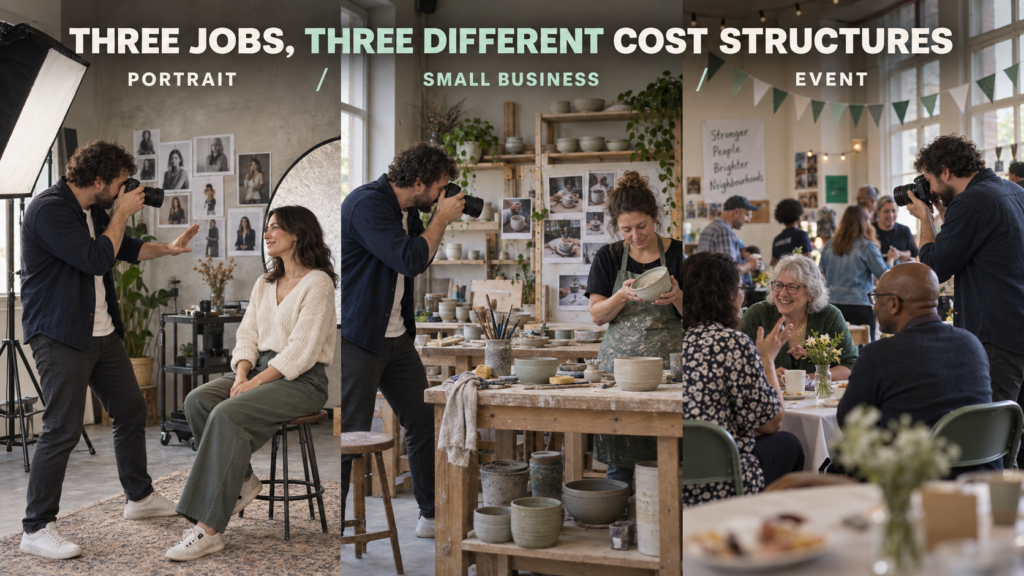 Portrait, small-business content and community-event photography assignments with different production requirements.