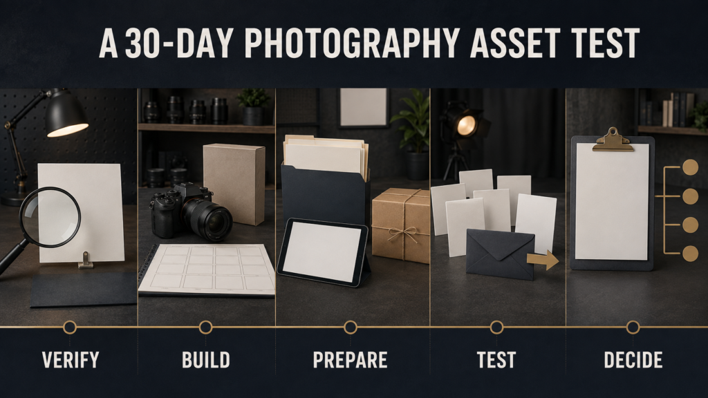 Thirty-day workflow for validating a photography licensing or digital-product idea.
