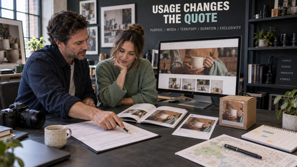 Photographer and business client comparing commercial image uses while reviewing the scope of a photography licence.