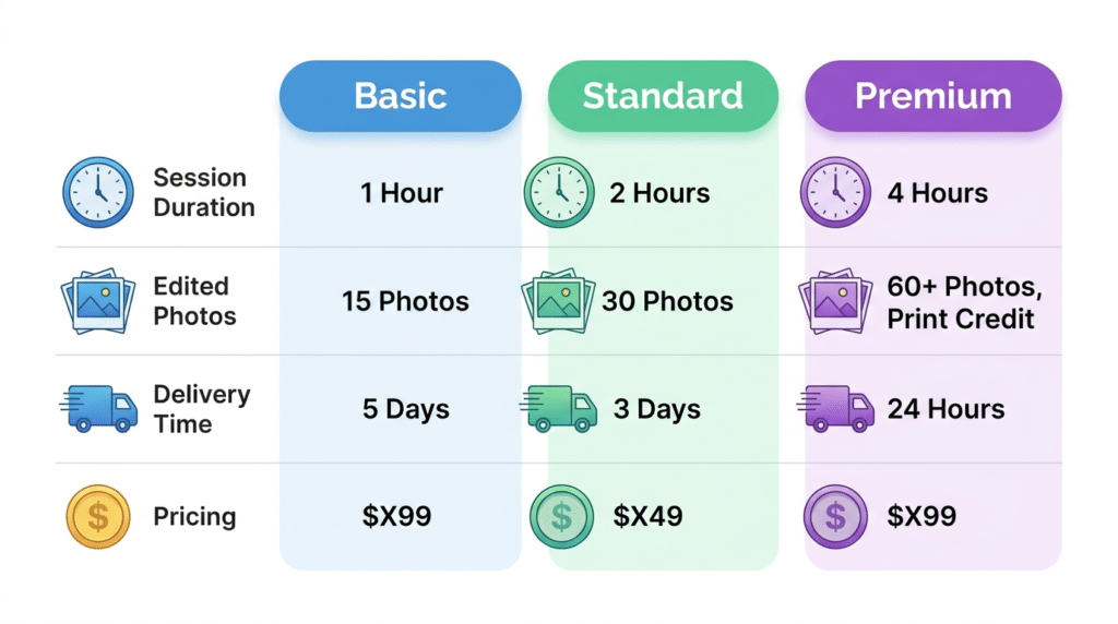 photography pricing package comparison for beginners
