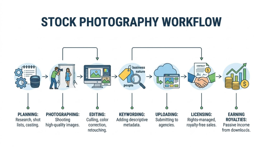 stock photography upload workflow illustration