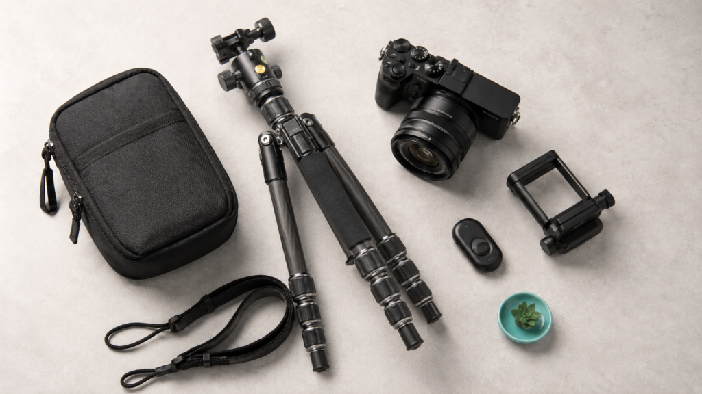 Compact tripod with mirrorless camera, smartphone holder and beginner photography accessories arranged on a desk.