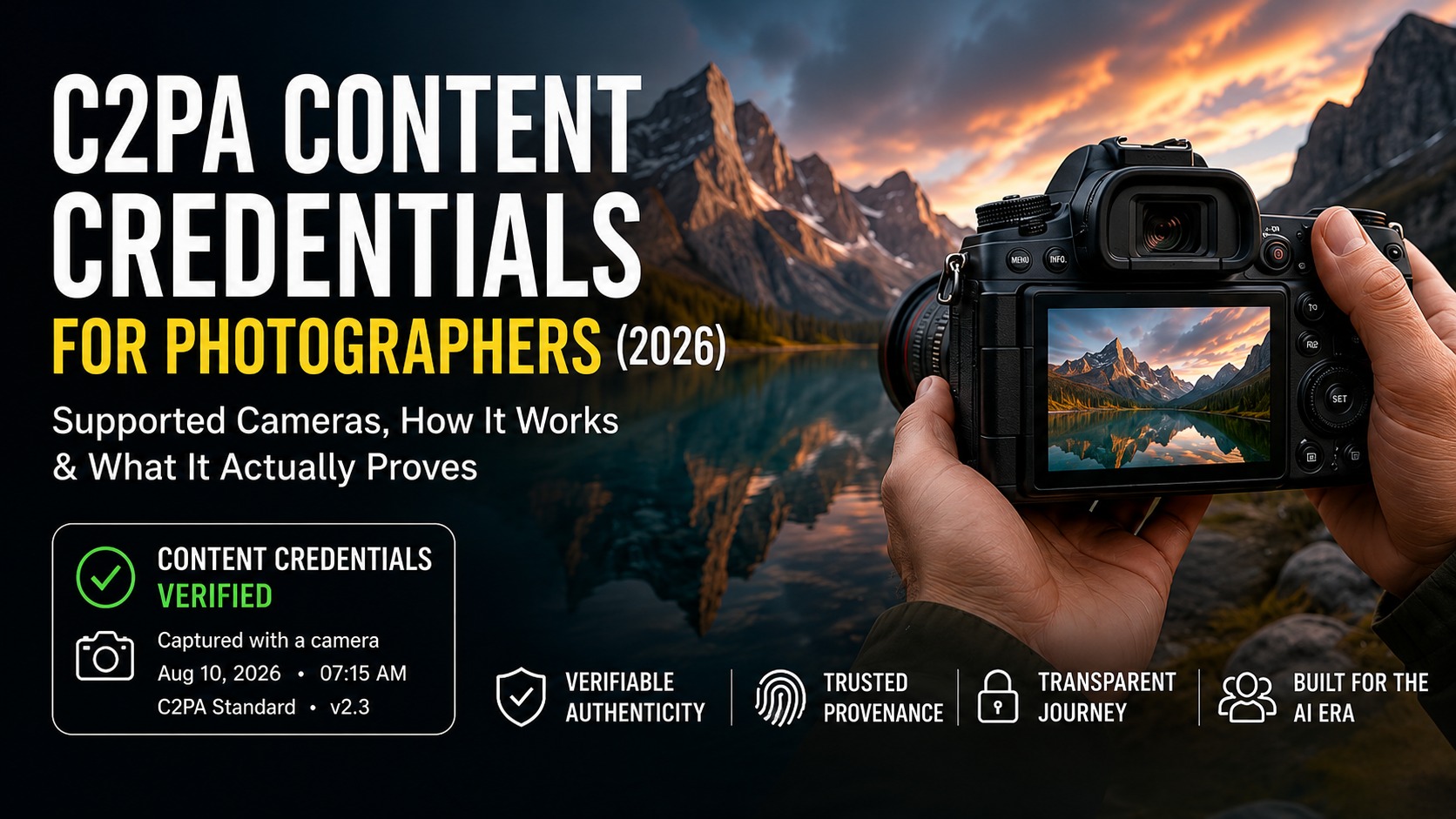 Professional mirrorless camera representing verified camera capture and Content Credentials in the AI era.