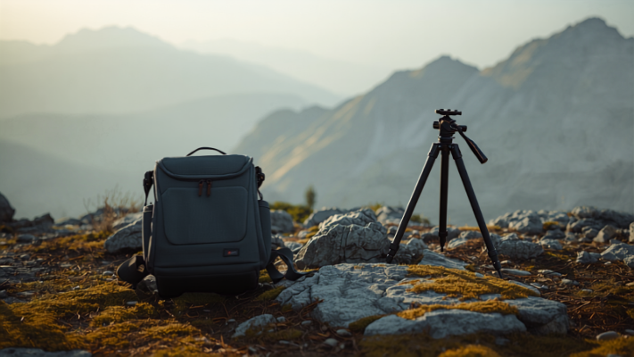 Compact travel tripod beside a camera backpack during a mountain photography trip.