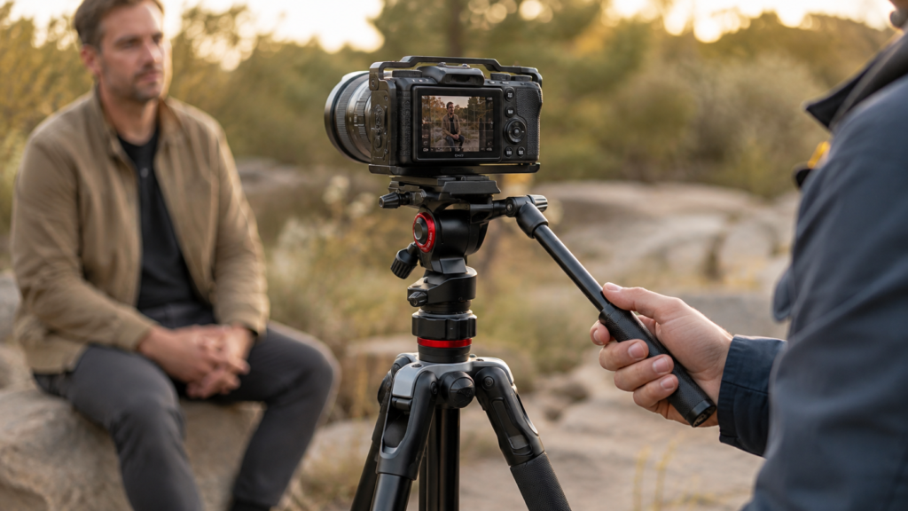 Mirrorless video camera on a fluid-head tripod filming an outdoor interview with a pan handle visible.