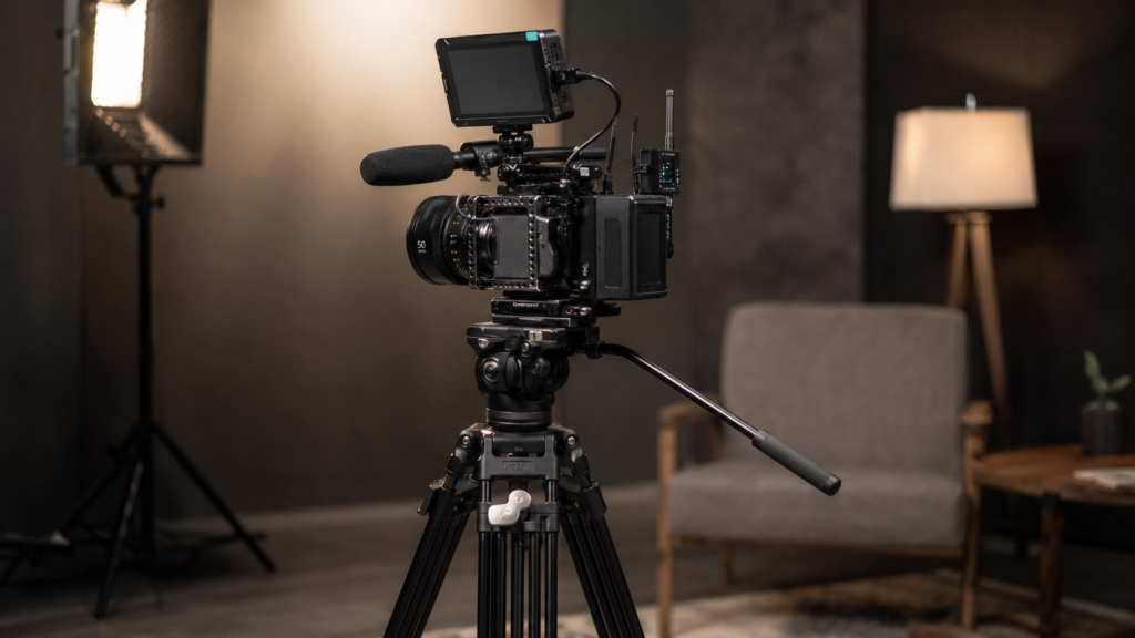 Heavy-Duty Video Tripod Supporting a Professional Camera Rig